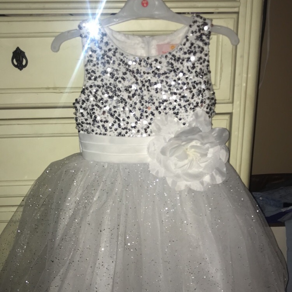 White and silver sequin tule and glitter dress